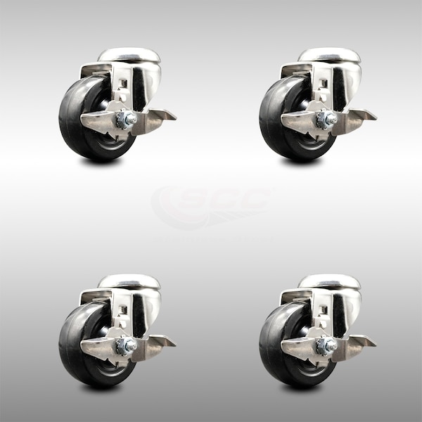 3 Inch 316SS Hard Rubber Wheel Swivel Bolt Hole Caster Set with Brake SCC